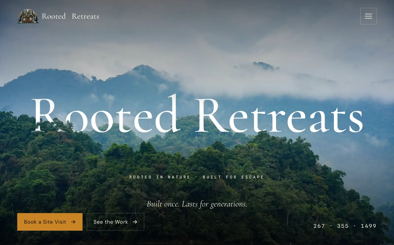 The Rooted Retreats homepage: the business name set large over a misty forested mountain, with a Book a Site Visit button and the phone number.